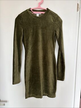 Revamped Olive Green Velvet Long Sleeve Bodycon Dress